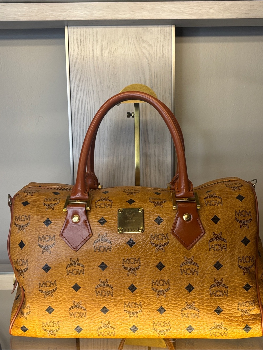 MCM Cognac Visetos Boston Satchel with Brown Leather Handles